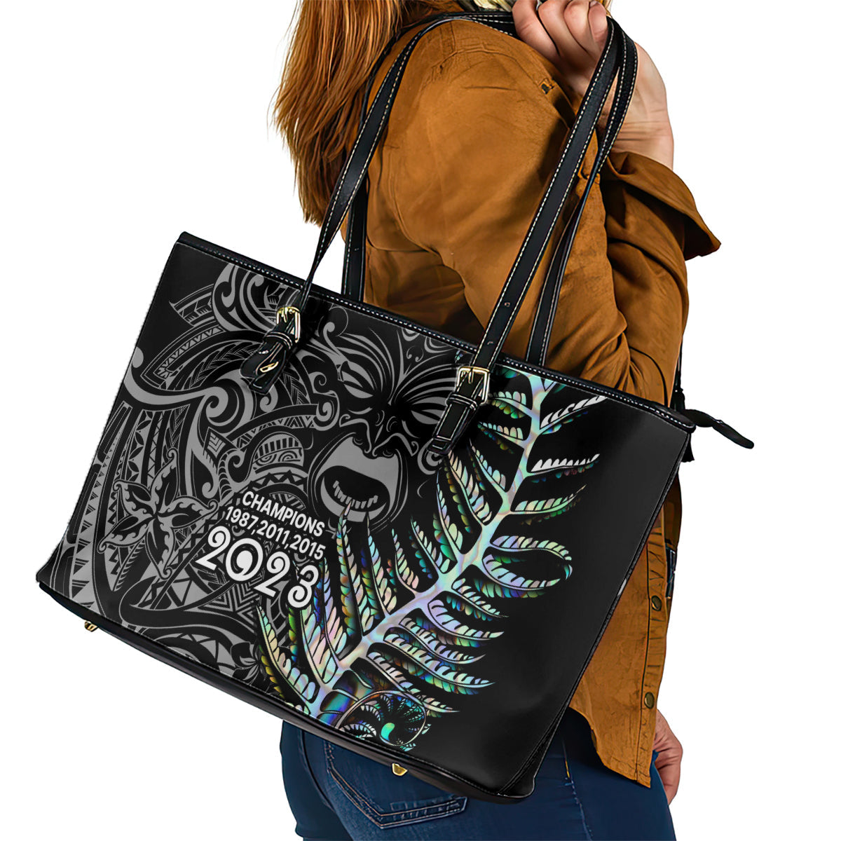 New Zealand Rugby Leather Tote Bag NZ Black Fern Champions History With Papua Shell LT9