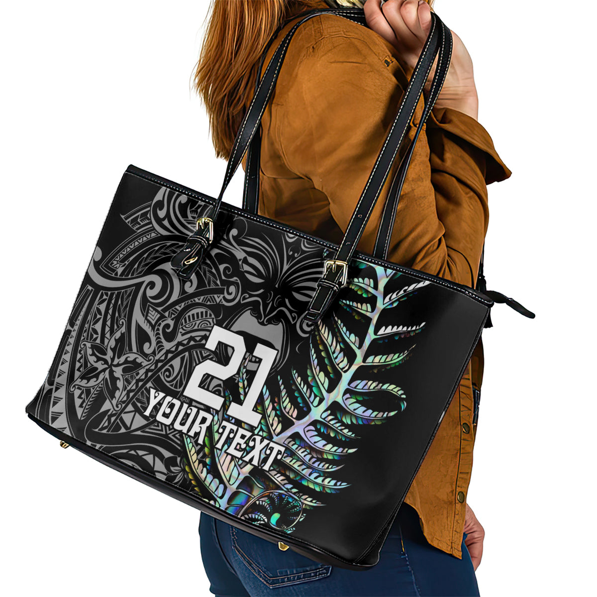Custom New Zealand Rugby Leather Tote Bag NZ Black Fern Champions History With Papua Shell LT9