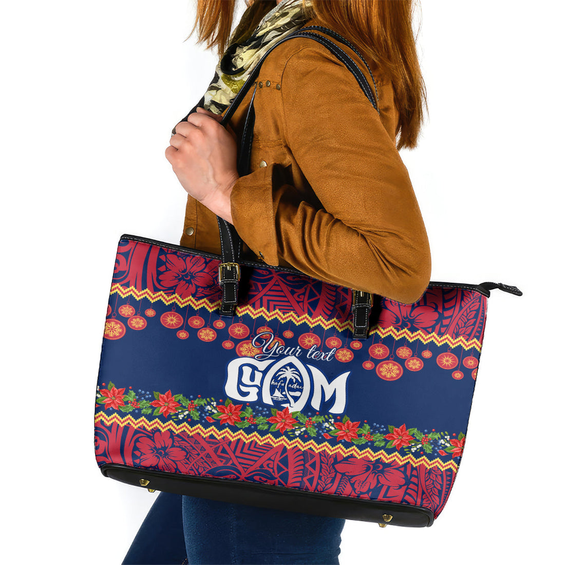 Personalised Guam Christmas Leather Tote Bag Felis Pusgua Santa Beach Polynesian Pattern LT9