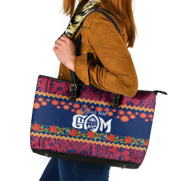Personalised Guam Christmas Leather Tote Bag Felis Pusgua Santa Beach Polynesian Pattern LT9