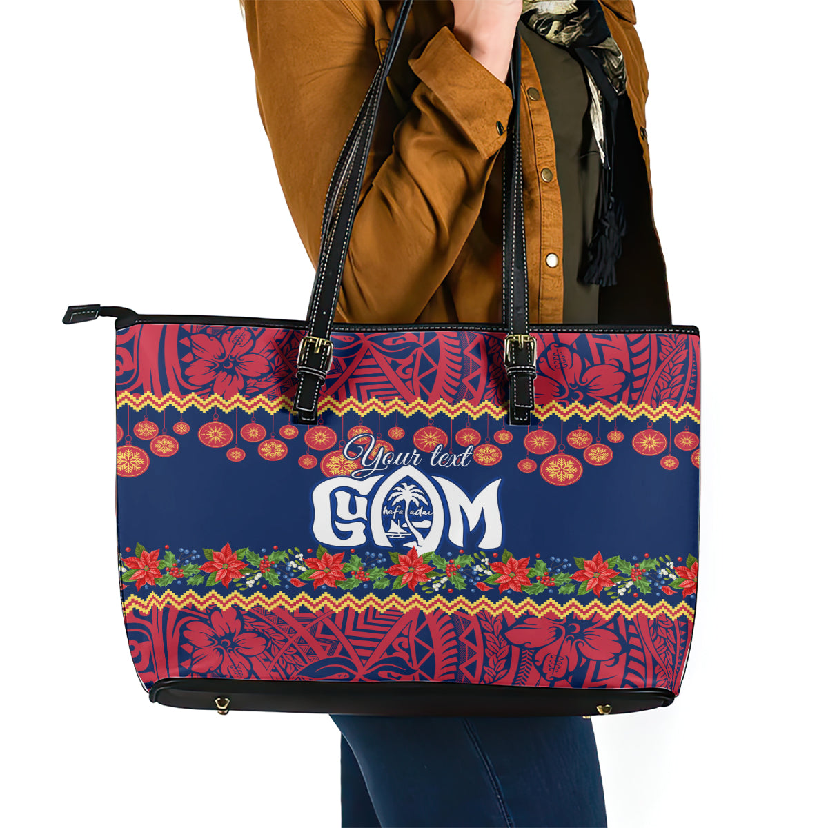 Personalised Guam Christmas Leather Tote Bag Felis Pusgua Santa Beach Polynesian Pattern LT9