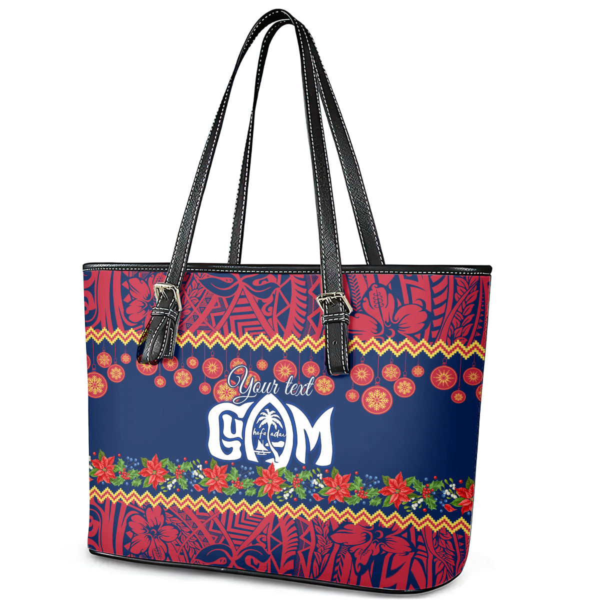 Personalised Guam Christmas Leather Tote Bag Felis Pusgua Santa Beach Polynesian Pattern LT9