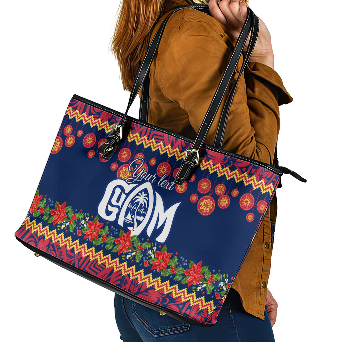 Personalised Guam Christmas Leather Tote Bag Felis Pusgua Santa Beach Polynesian Pattern LT9