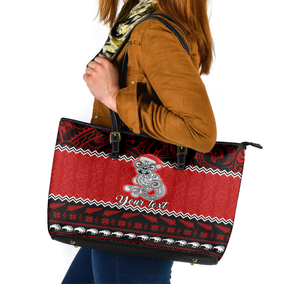 Personalised New Zealand Christmas Leather Tote Bag Maori Tiki Meri Kirihimete LT9