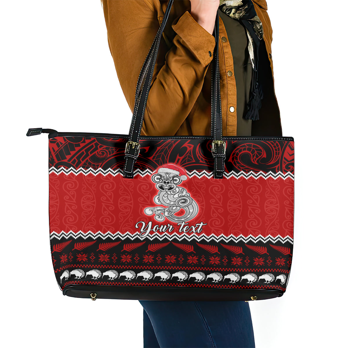Personalised New Zealand Christmas Leather Tote Bag Maori Tiki Meri Kirihimete LT9
