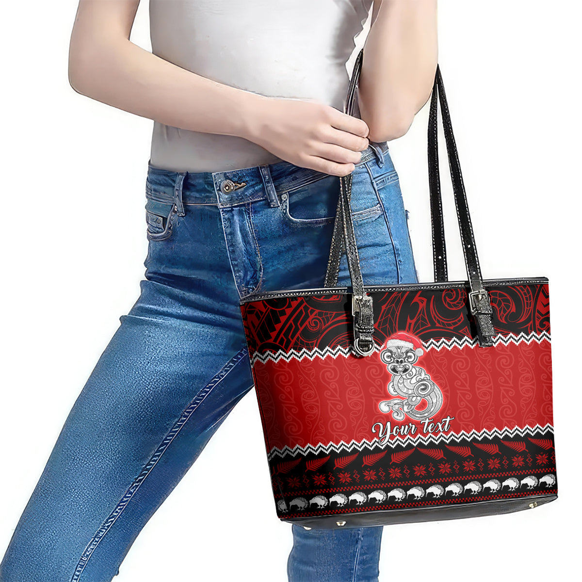 Personalised New Zealand Christmas Leather Tote Bag Maori Tiki Meri Kirihimete LT9