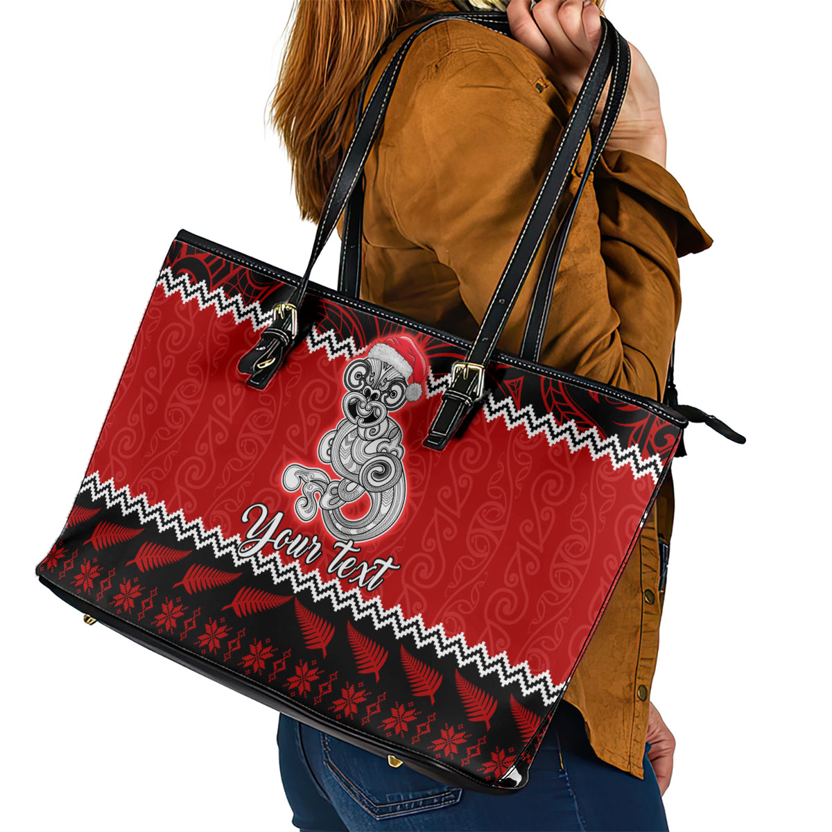 Personalised New Zealand Christmas Leather Tote Bag Maori Tiki Meri Kirihimete LT9