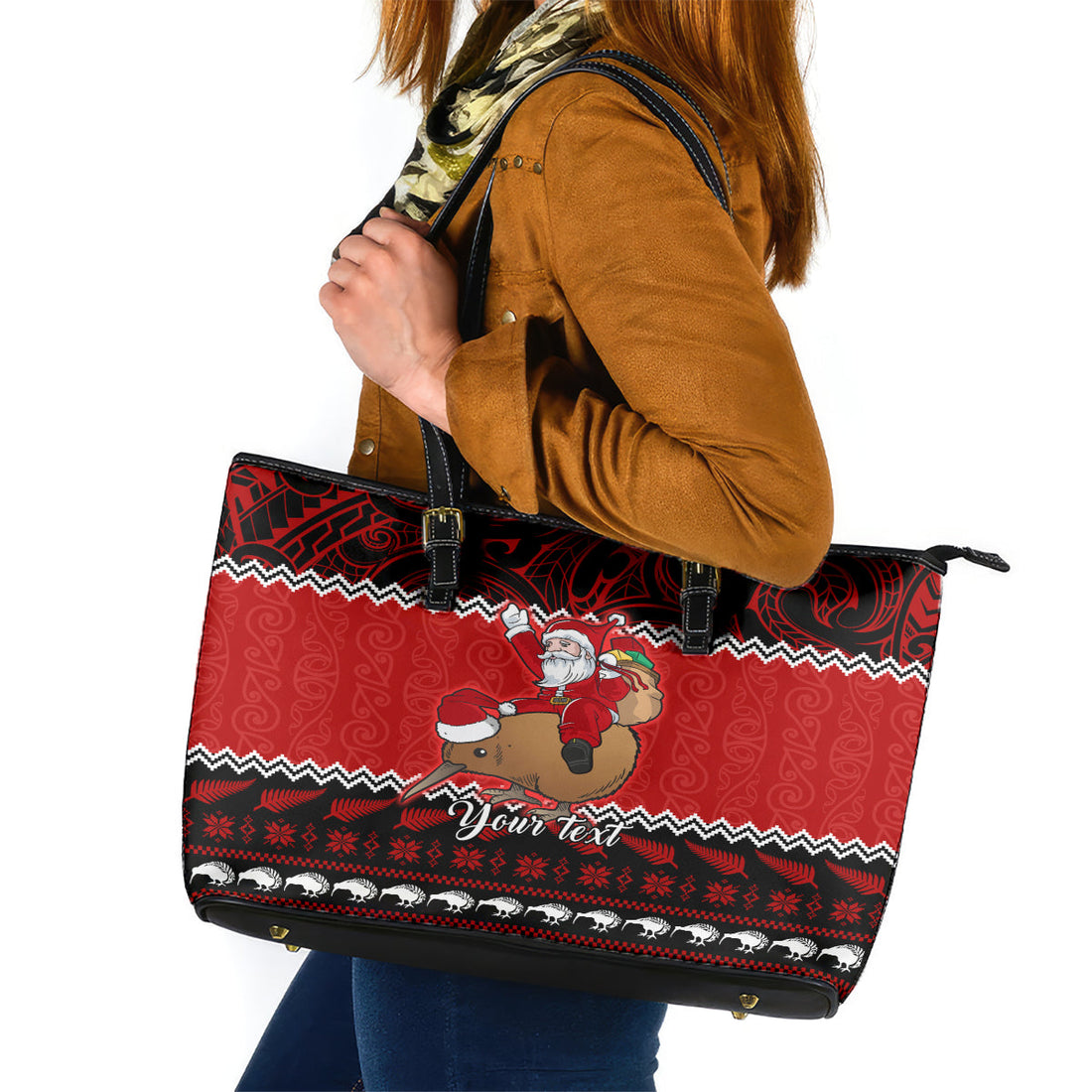 Personalised New Zealand Christmas Leather Tote Bag Kiwi Santa Claus Maori Meri Kirihimete LT9