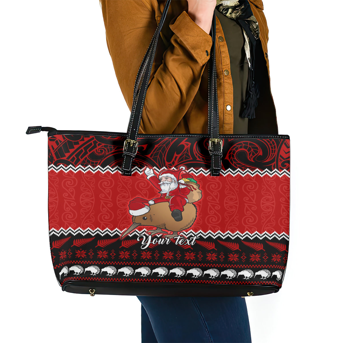 Personalised New Zealand Christmas Leather Tote Bag Kiwi Santa Claus Maori Meri Kirihimete LT9