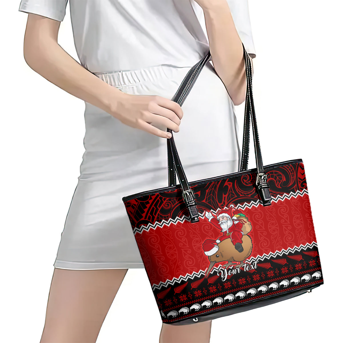 Personalised New Zealand Christmas Leather Tote Bag Kiwi Santa Claus Maori Meri Kirihimete LT9