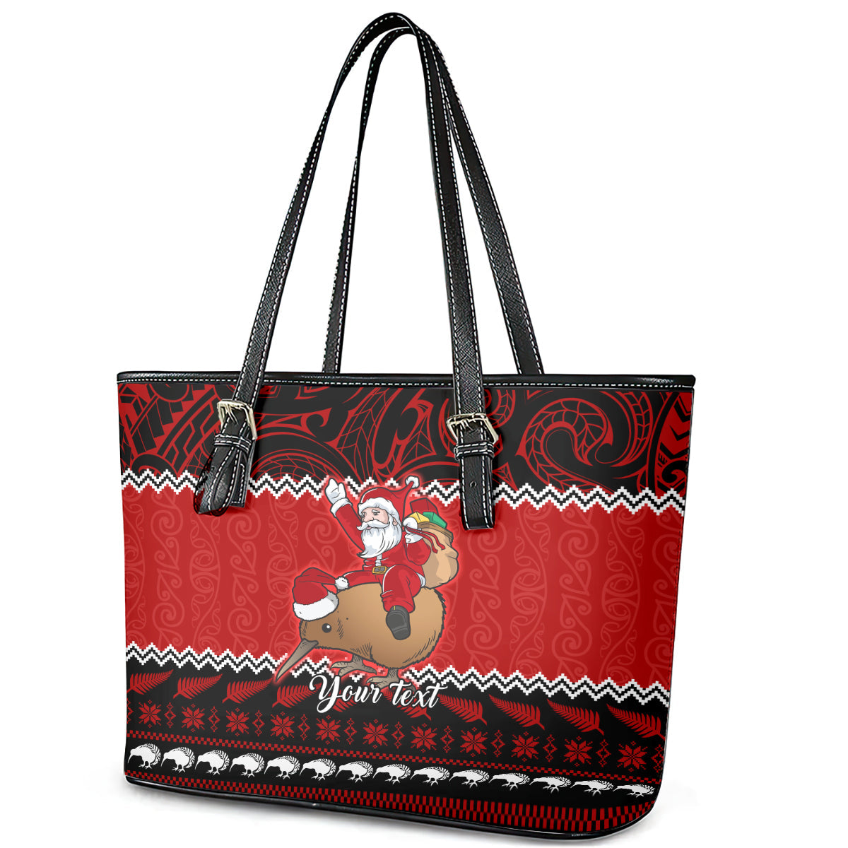 Personalised New Zealand Christmas Leather Tote Bag Kiwi Santa Claus Maori Meri Kirihimete LT9
