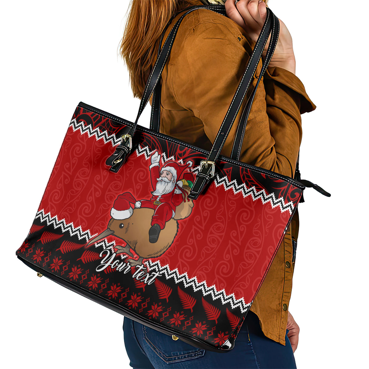 Personalised New Zealand Christmas Leather Tote Bag Kiwi Santa Claus Maori Meri Kirihimete LT9