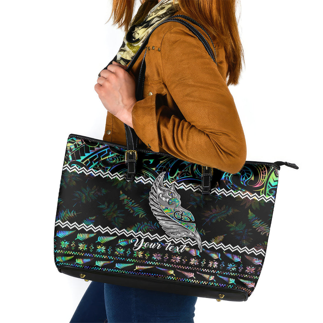 Personalised New Zealand Christmas Leather Tote Bag Maori Fern Manaia Meri Kirihimete with Papaua Shell LT9