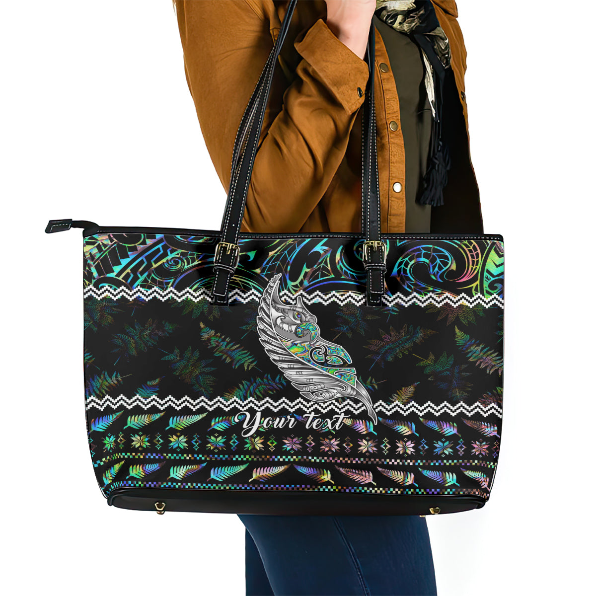 Personalised New Zealand Christmas Leather Tote Bag Maori Fern Manaia Meri Kirihimete with Papaua Shell LT9
