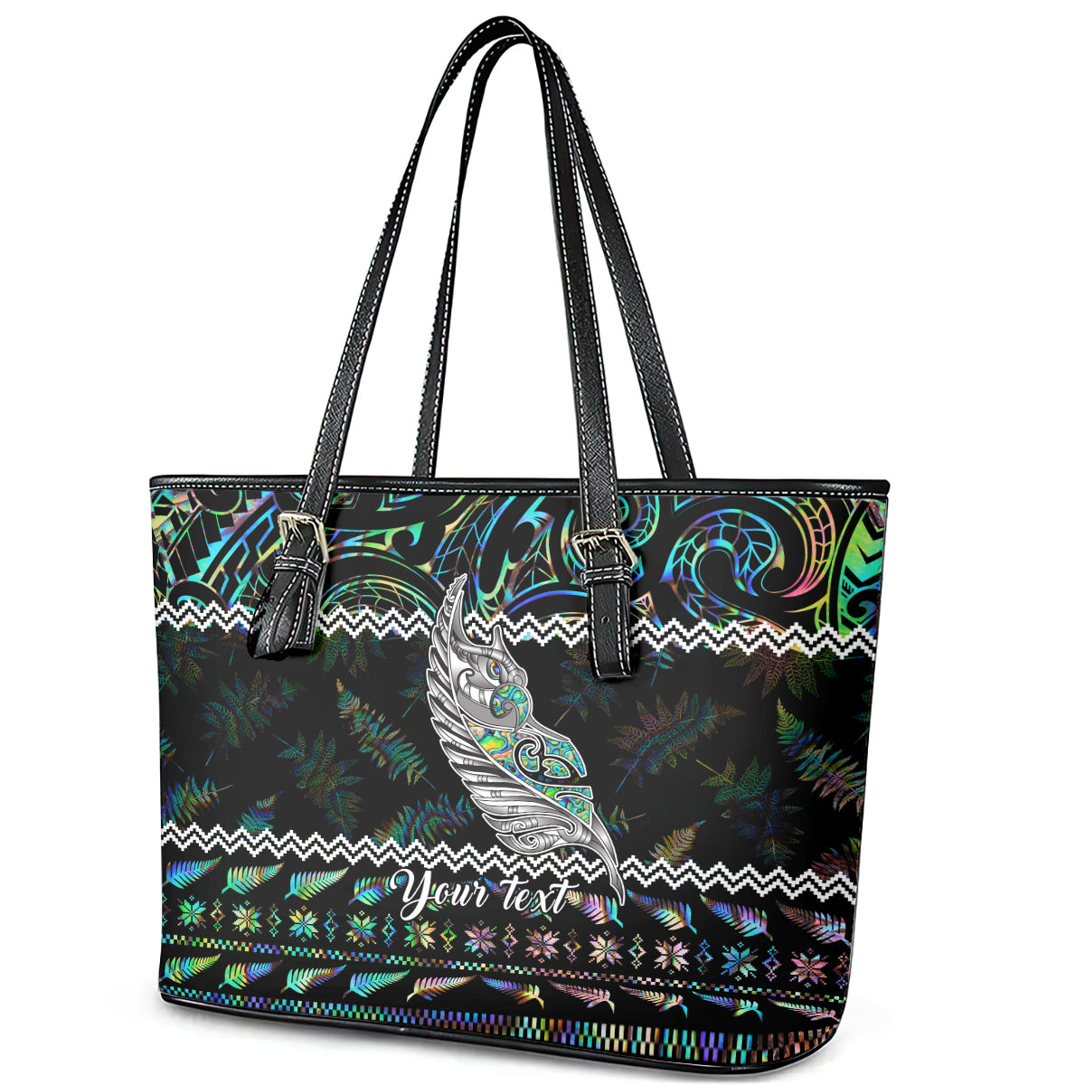 Personalised New Zealand Christmas Leather Tote Bag Maori Fern Manaia Meri Kirihimete with Papaua Shell LT9
