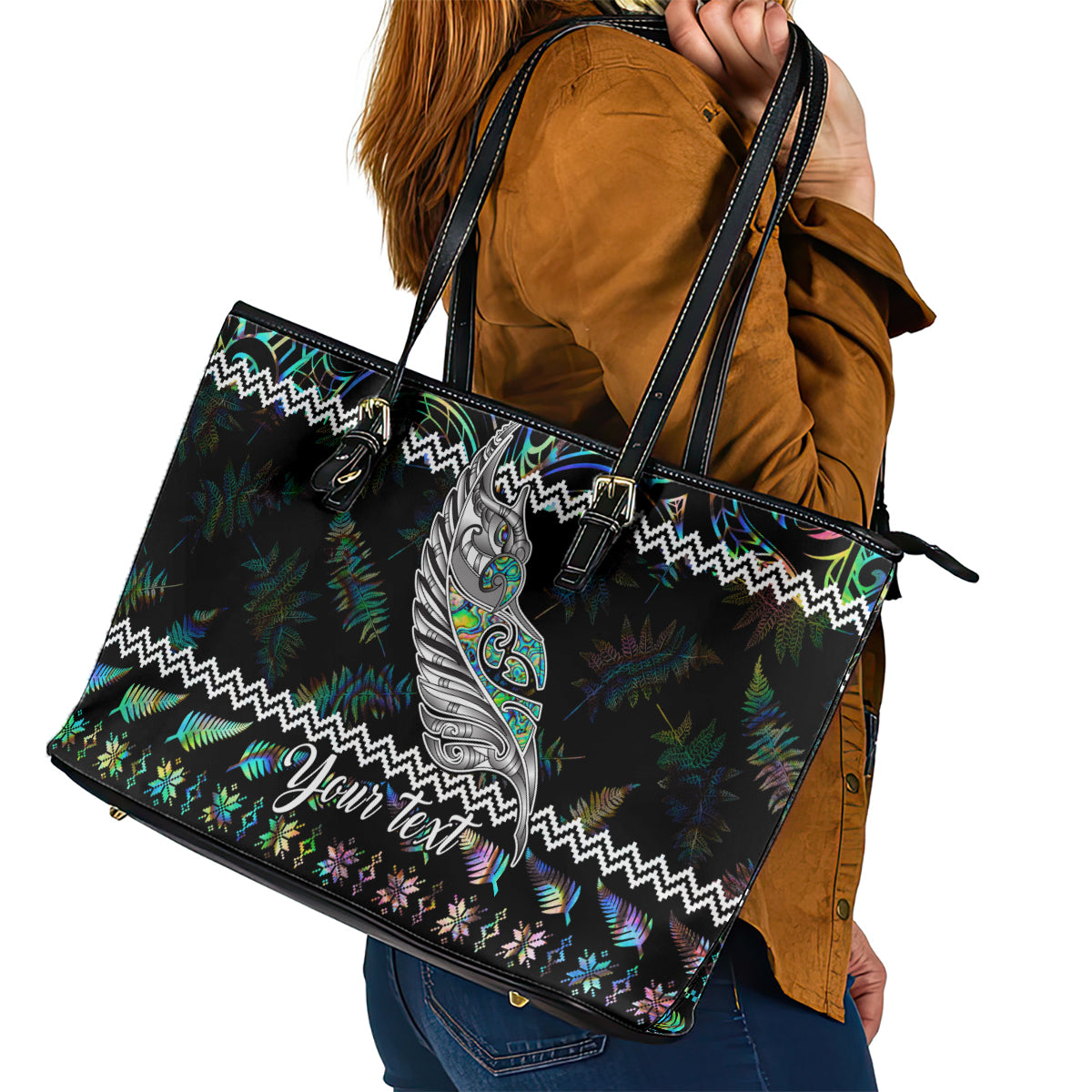 Personalised New Zealand Christmas Leather Tote Bag Maori Fern Manaia Meri Kirihimete with Papaua Shell LT9