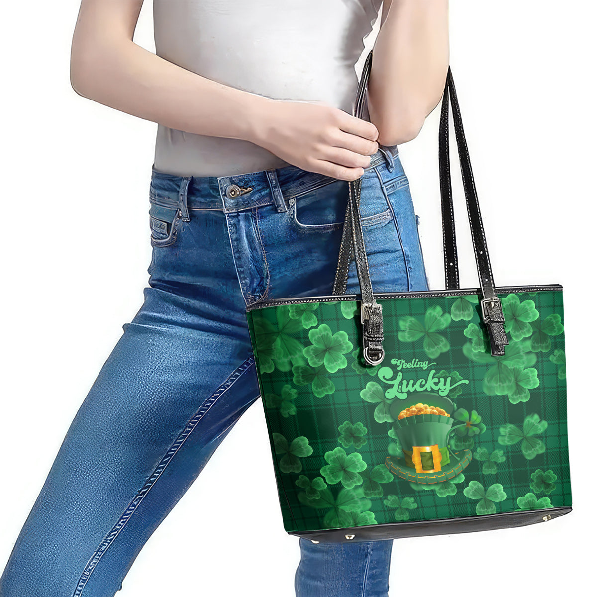 Happy St Patricks Day We Wear Green Suit Leather Tote Bag LT9
