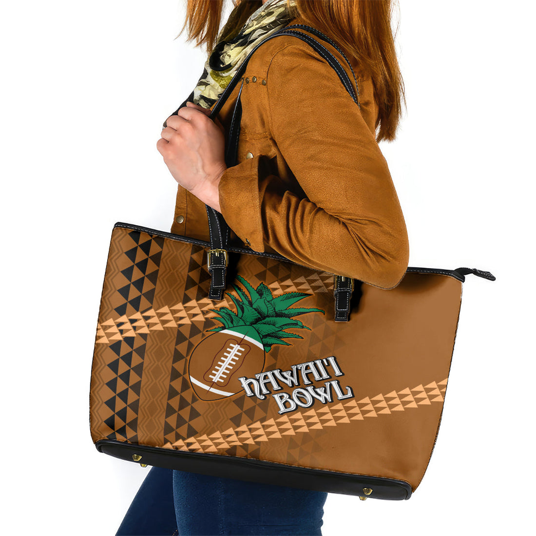 Custom Hawaii Honolulu Bowl Leather Tote Bag With Kakau Tribal Pattern LT9