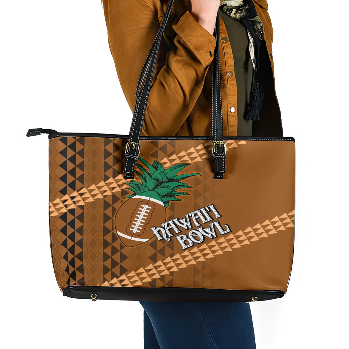Custom Hawaii Honolulu Bowl Leather Tote Bag With Kakau Tribal Pattern LT9