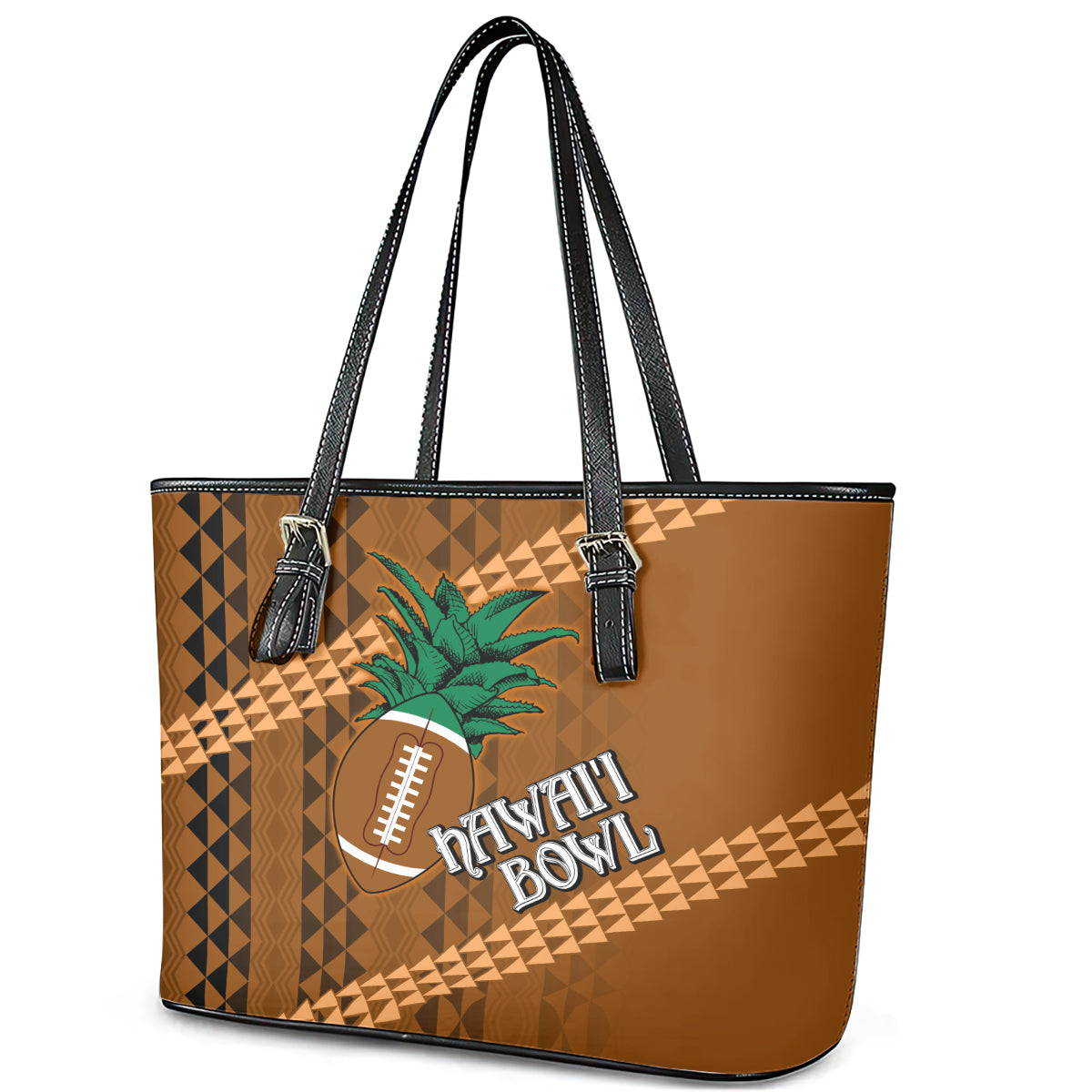 Custom Hawaii Honolulu Bowl Leather Tote Bag With Kakau Tribal Pattern LT9