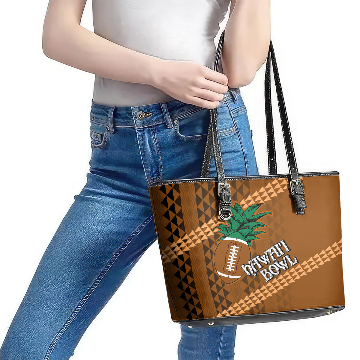 Custom Hawaii Honolulu Bowl Leather Tote Bag With Kakau Tribal Pattern LT9