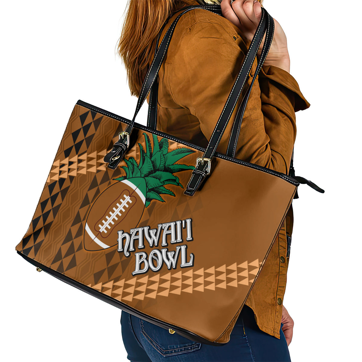 Custom Hawaii Honolulu Bowl Leather Tote Bag With Kakau Tribal Pattern LT9