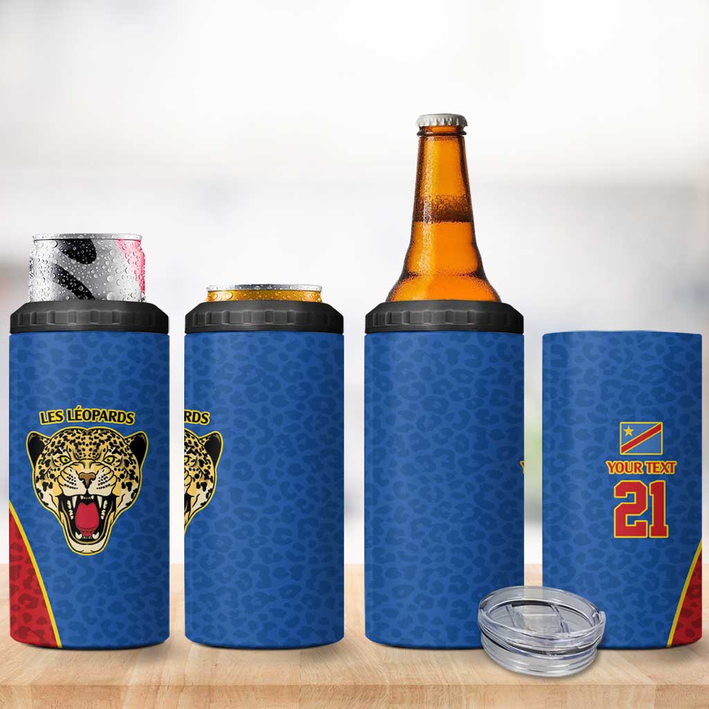 Africa DR Congo Football Custom 4 in 1 Can Cooler Tumbler Blue Leopard Skin Pattern LT9