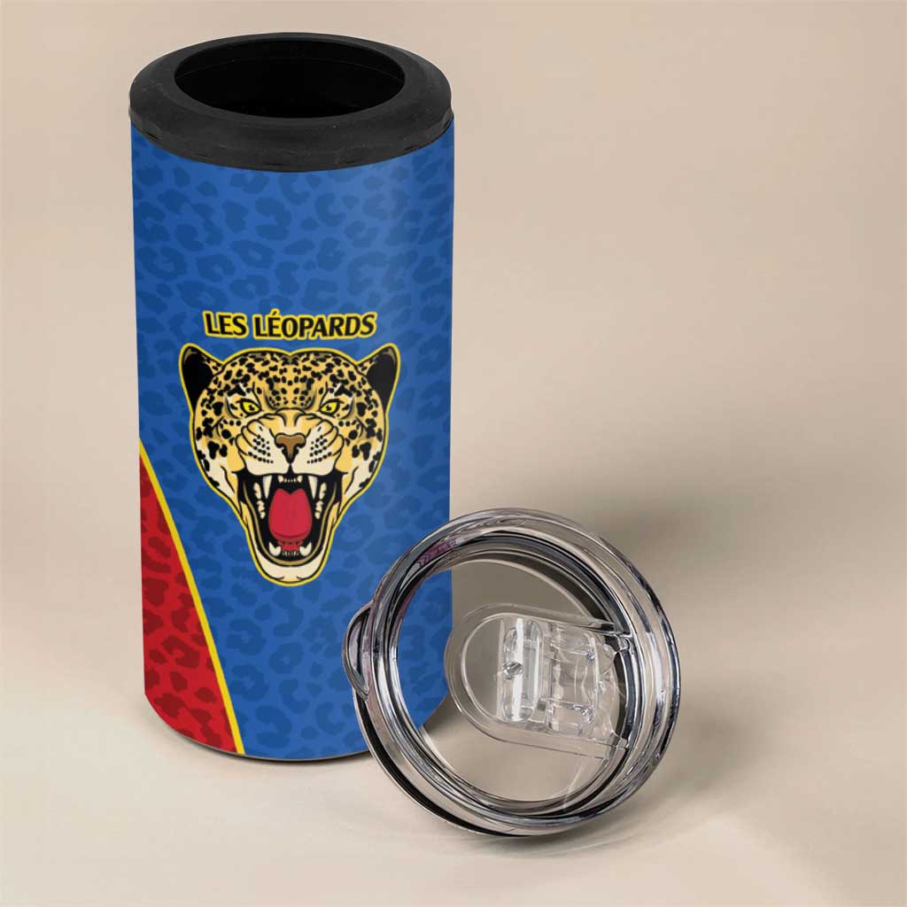 Africa DR Congo Football Custom 4 in 1 Can Cooler Tumbler Blue Leopard Skin Pattern LT9