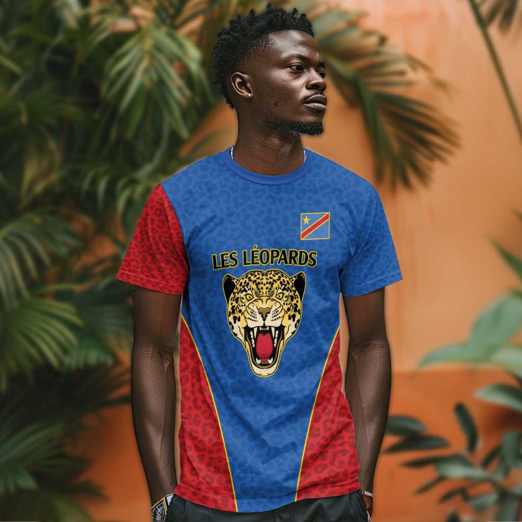 Africa DR Congo Football Custom T shirt Blue Leopard Skin Pattern LT9