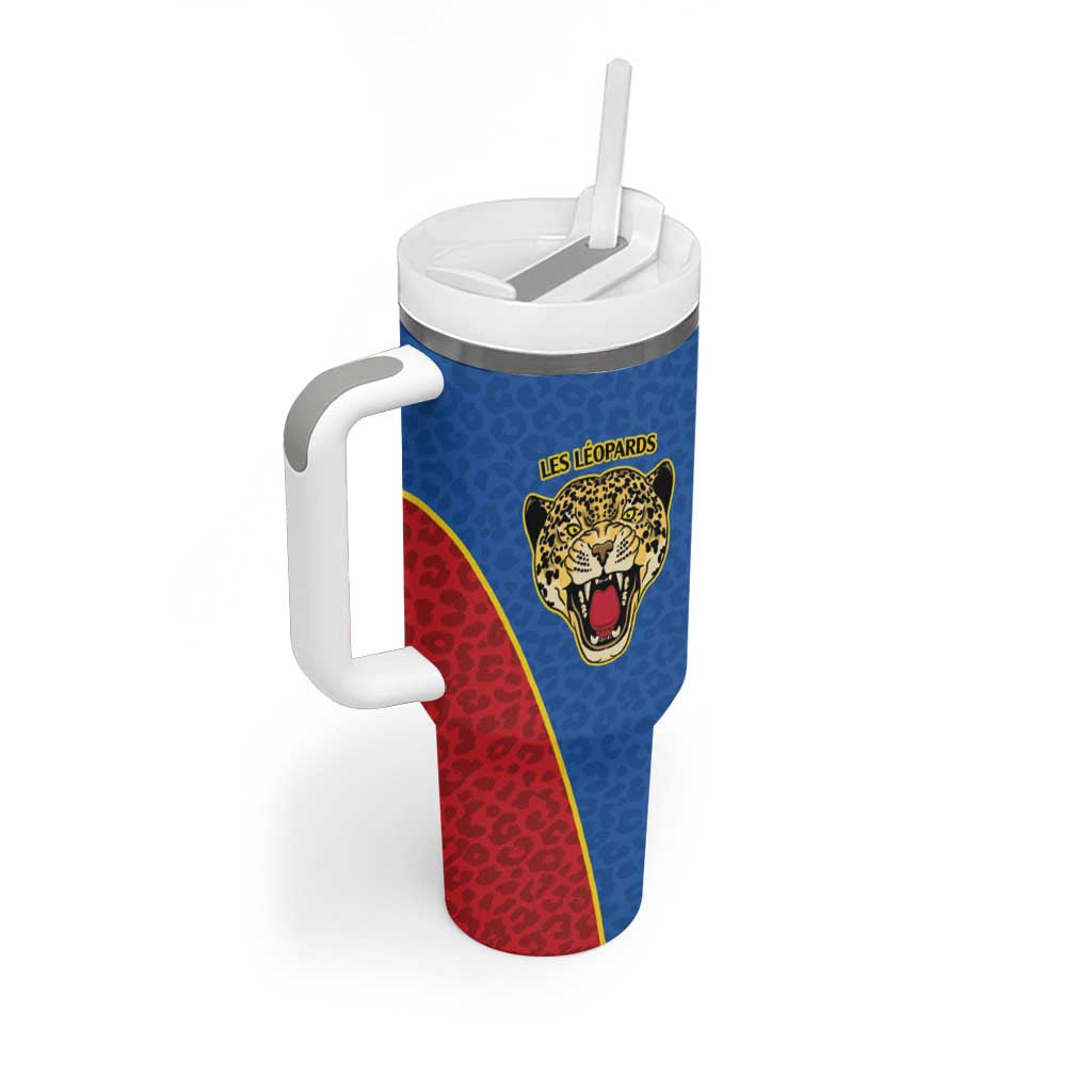 Africa DR Congo Football Custom Tumbler With Handle Blue Leopard Skin Pattern LT9