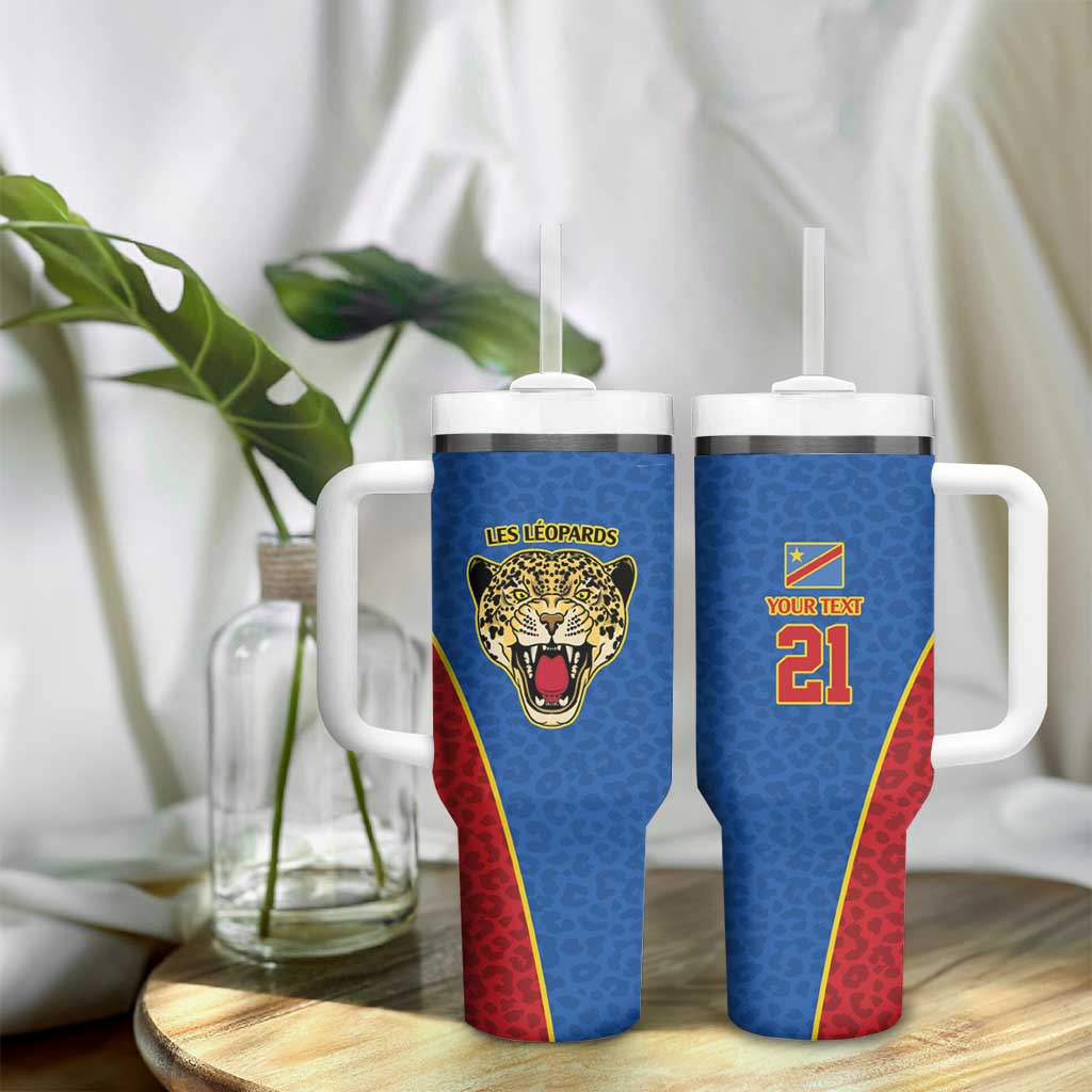 Africa DR Congo Football Custom Tumbler With Handle Blue Leopard Skin Pattern LT9