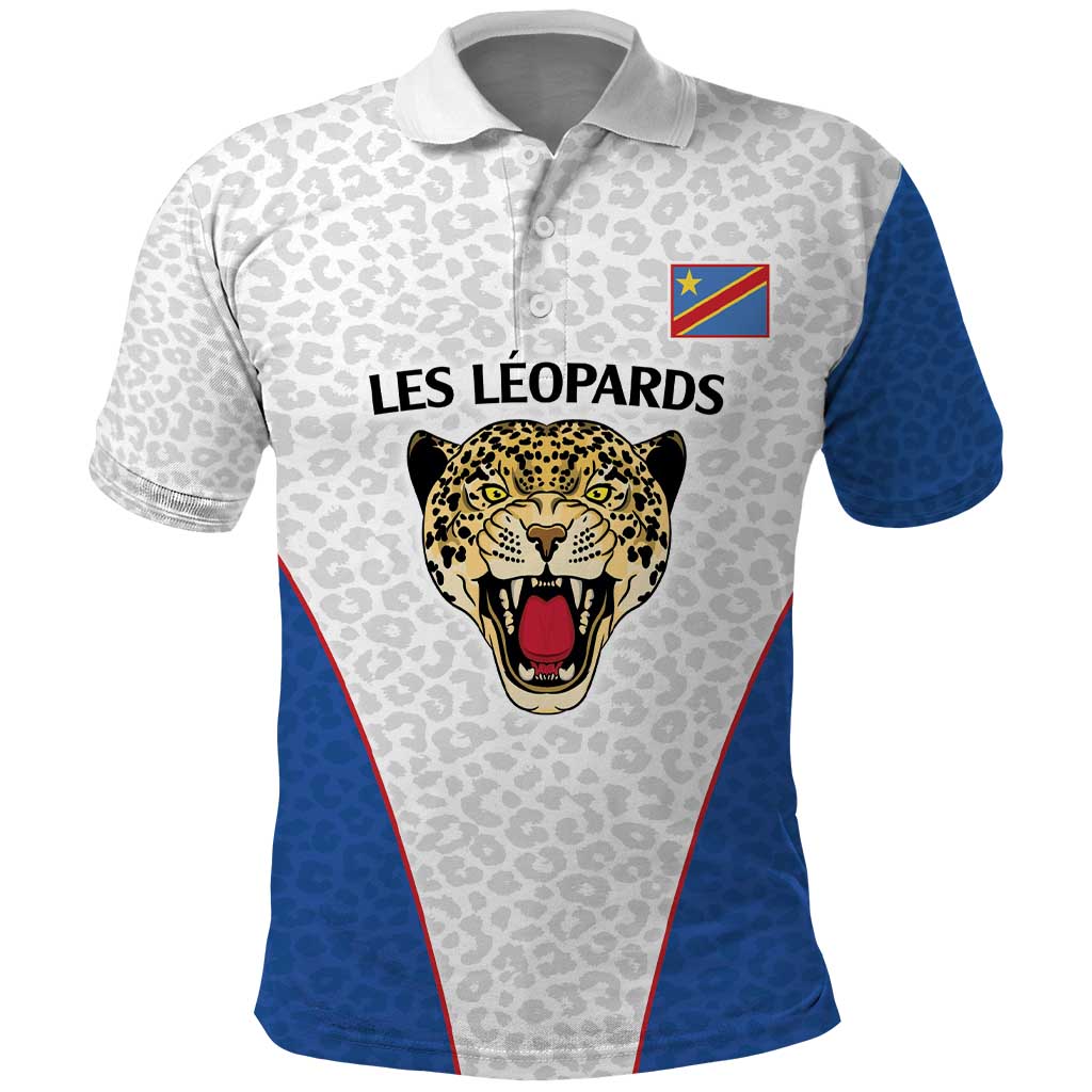 DR Congo Football Custom Polo Shirt White Leopard Skin Pattern LT9