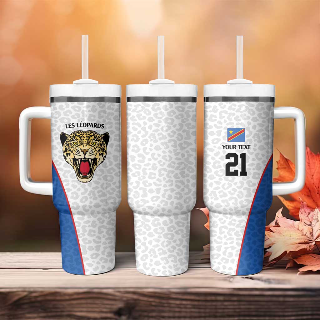 Africa DR Congo Football Custom Tumbler With Handle White Leopard Skin Pattern LT9