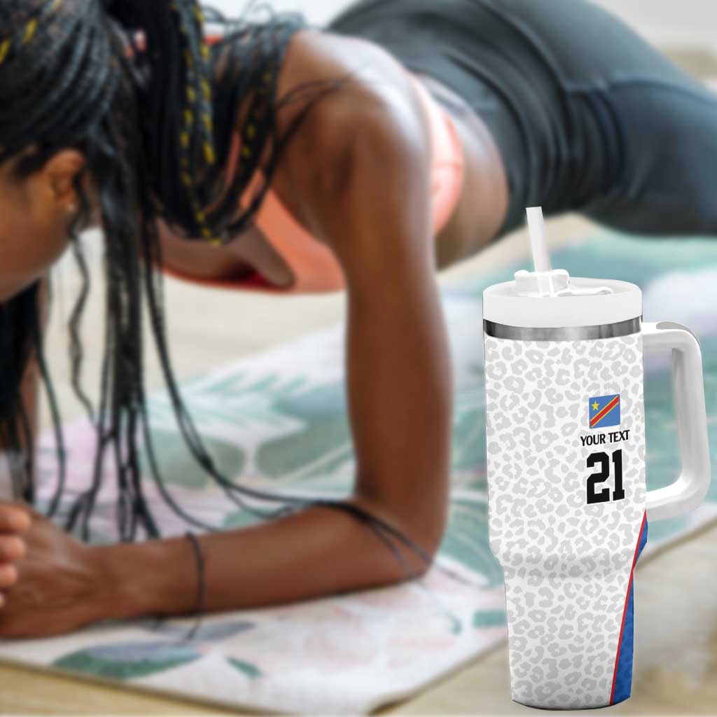 Africa DR Congo Football Custom Tumbler With Handle White Leopard Skin Pattern LT9