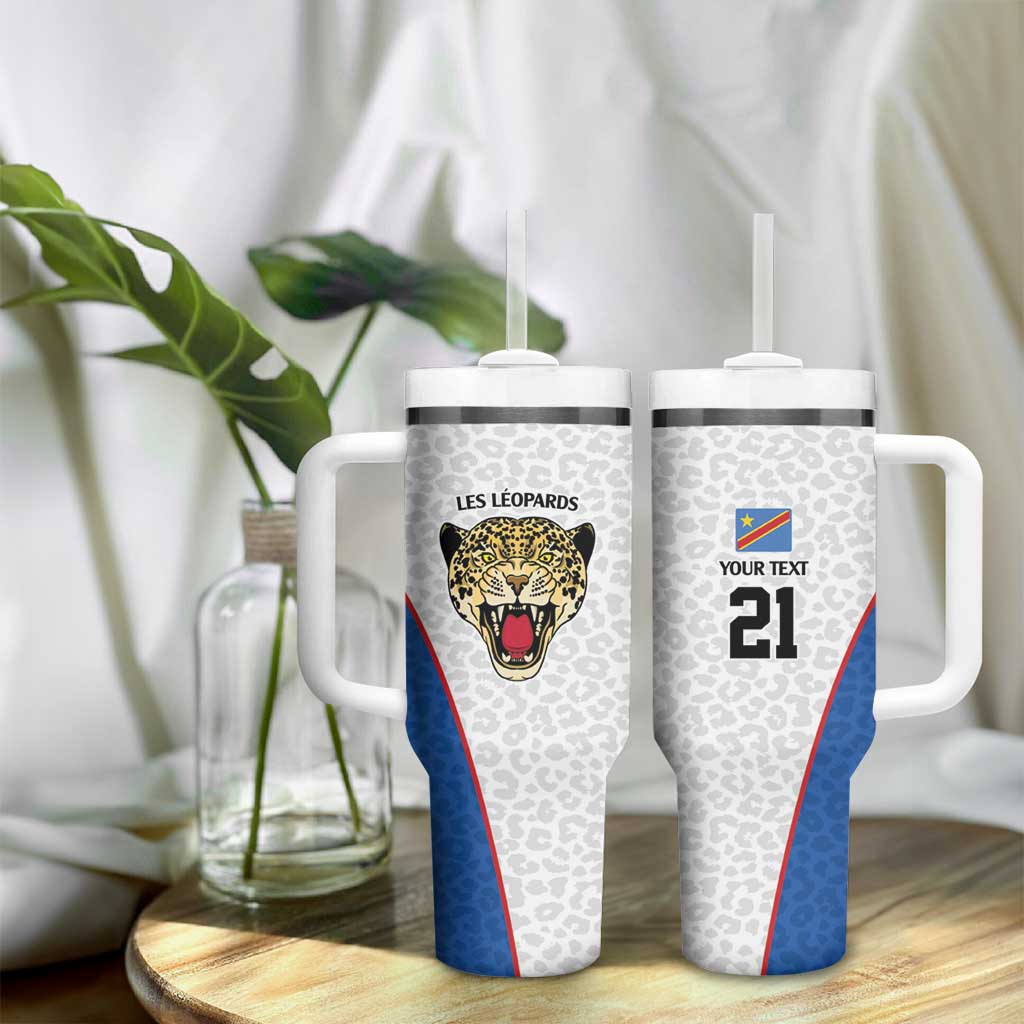 Africa DR Congo Football Custom Tumbler With Handle White Leopard Skin Pattern LT9