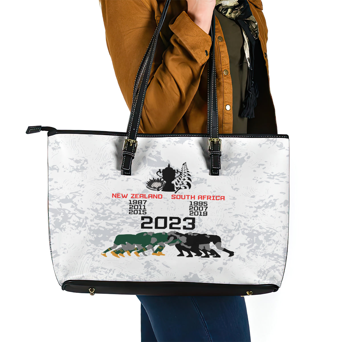 New Zealand South Africa Rugby Leather Tote Bag History Commemorative World Cup Winners Unique LT9