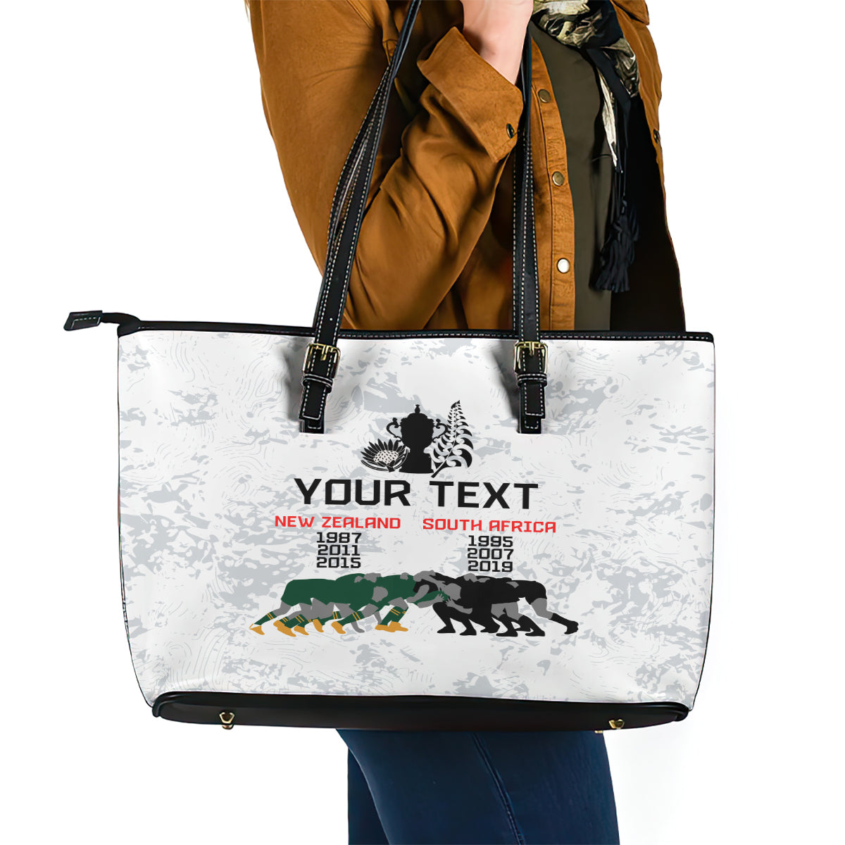 Custom New Zealand South Africa Rugby Leather Tote Bag History Commemorative World Cup Winners Unique LT9