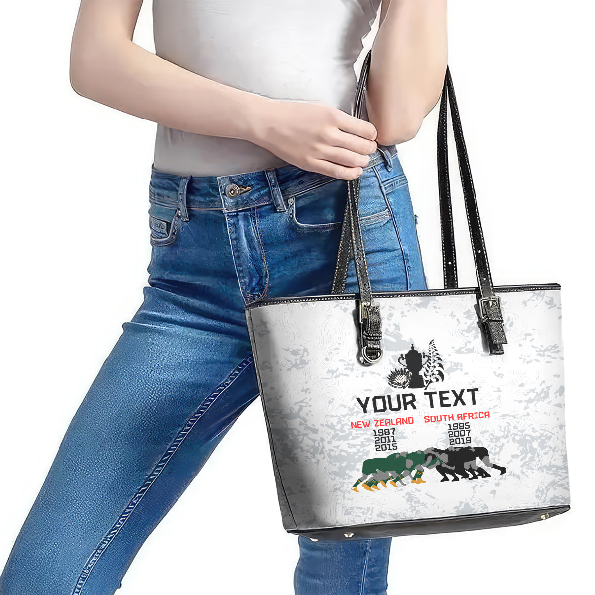 Custom New Zealand South Africa Rugby Leather Tote Bag History Commemorative World Cup Winners Unique LT9