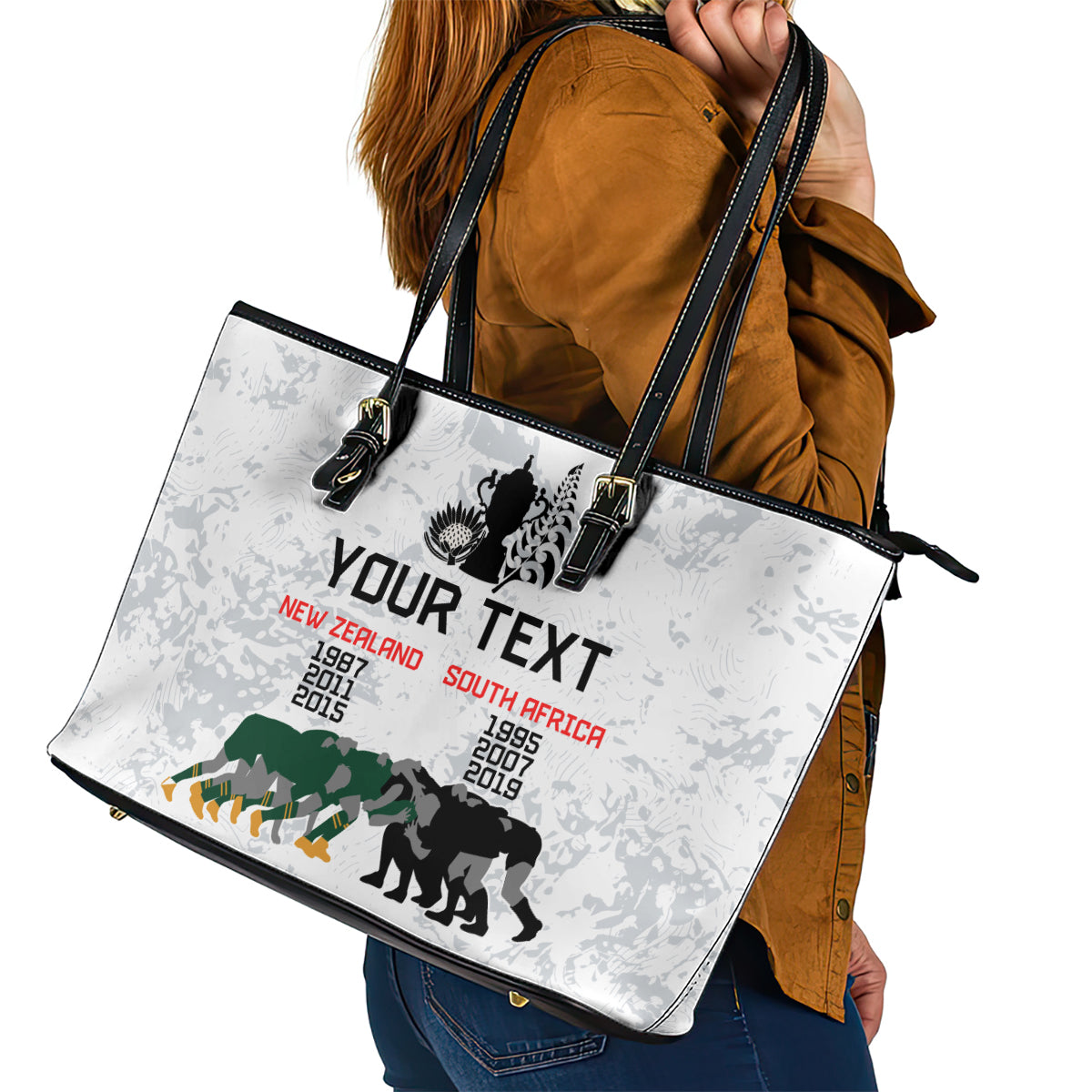 Custom New Zealand South Africa Rugby Leather Tote Bag History Commemorative World Cup Winners Unique LT9