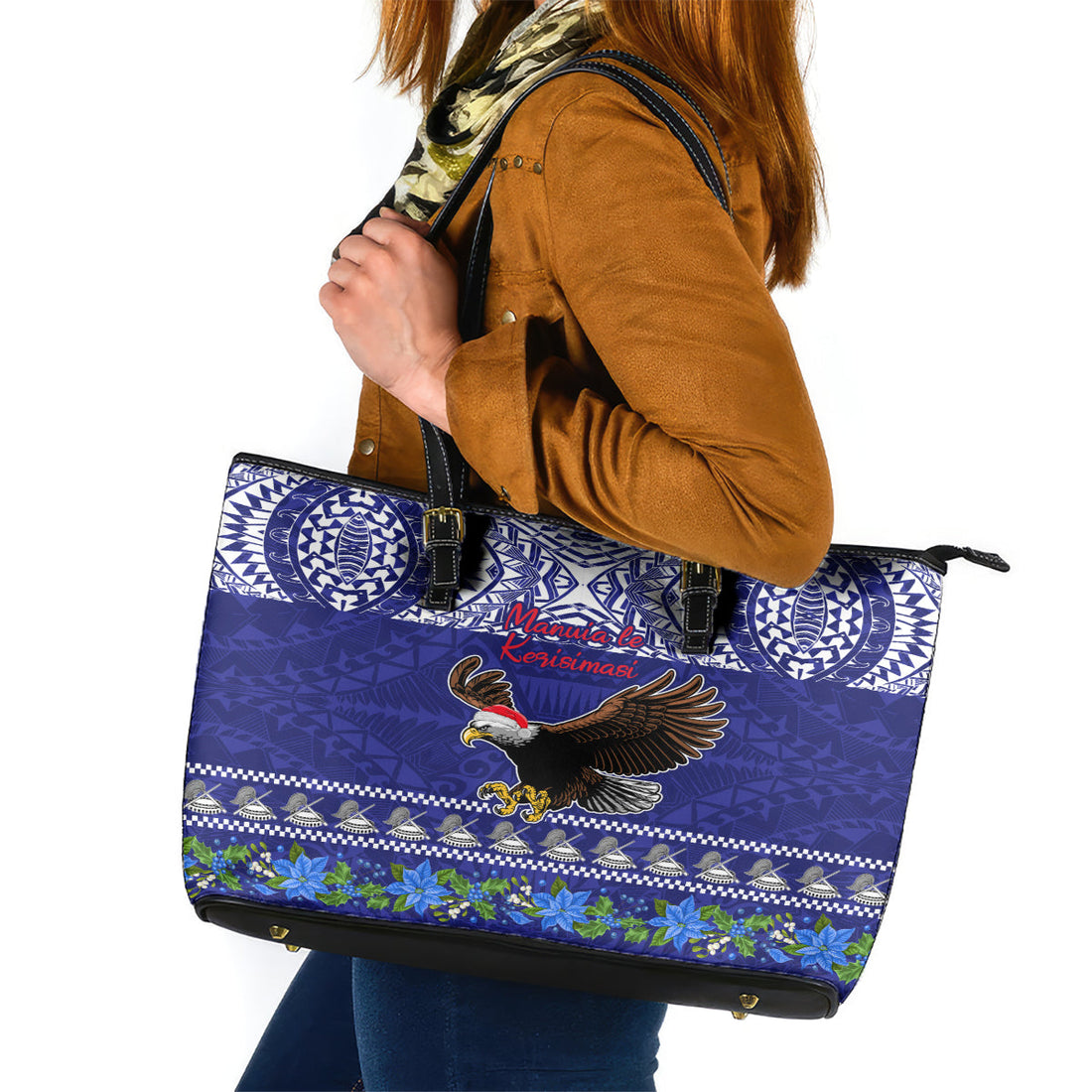 American Samoa Christmas Leather Tote Bag Manuia le Kerisimasi Polynesian Tribal LT9