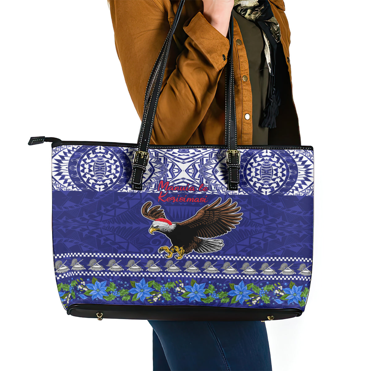 American Samoa Christmas Leather Tote Bag Manuia le Kerisimasi Polynesian Tribal LT9