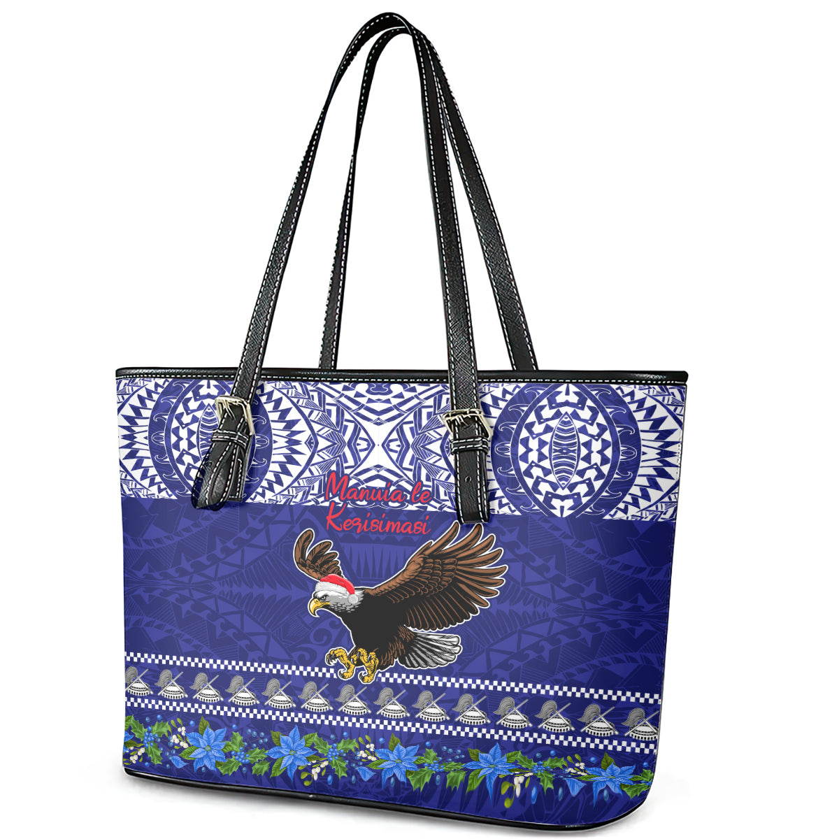American Samoa Christmas Leather Tote Bag Manuia le Kerisimasi Polynesian Tribal LT9