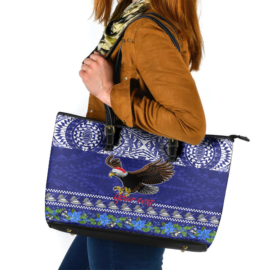 Personalised American Samoa Christmas Leather Tote Bag Manuia le Kerisimasi Polynesian Tribal LT9