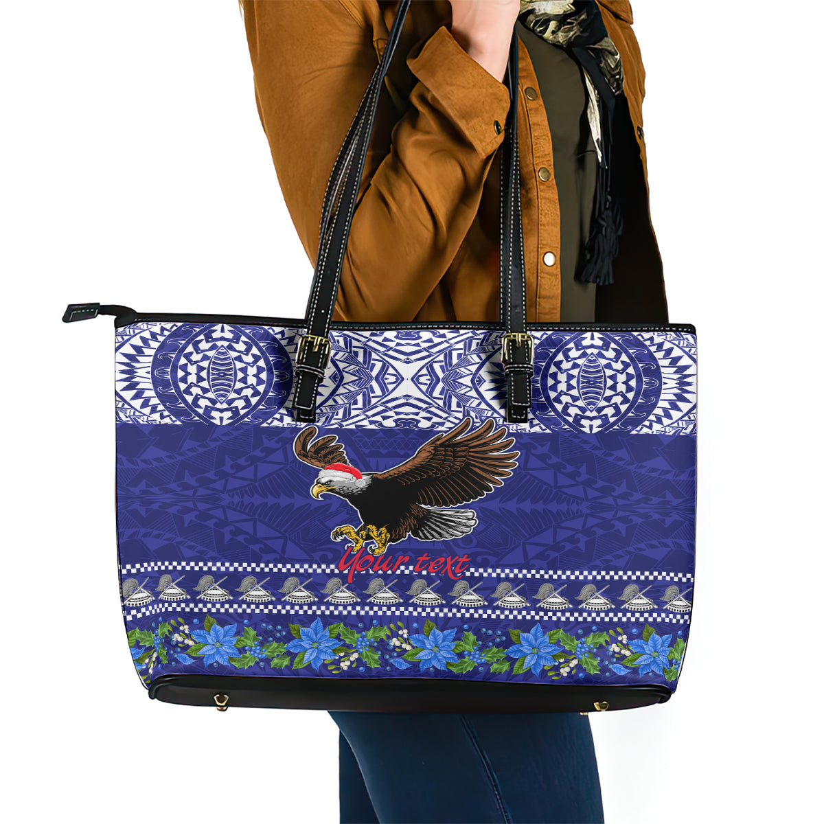 Personalised American Samoa Christmas Leather Tote Bag Manuia le Kerisimasi Polynesian Tribal LT9