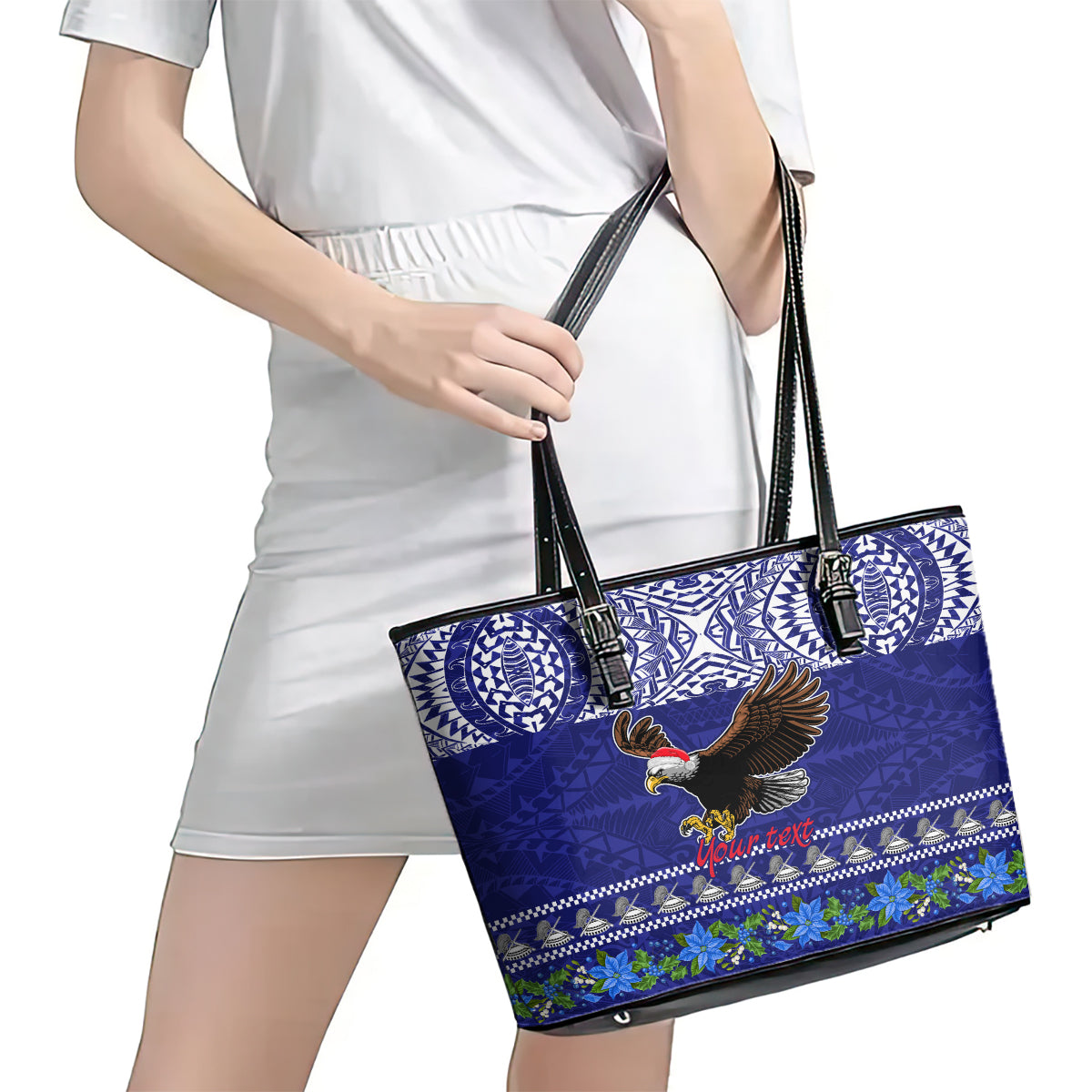 Personalised American Samoa Christmas Leather Tote Bag Manuia le Kerisimasi Polynesian Tribal LT9