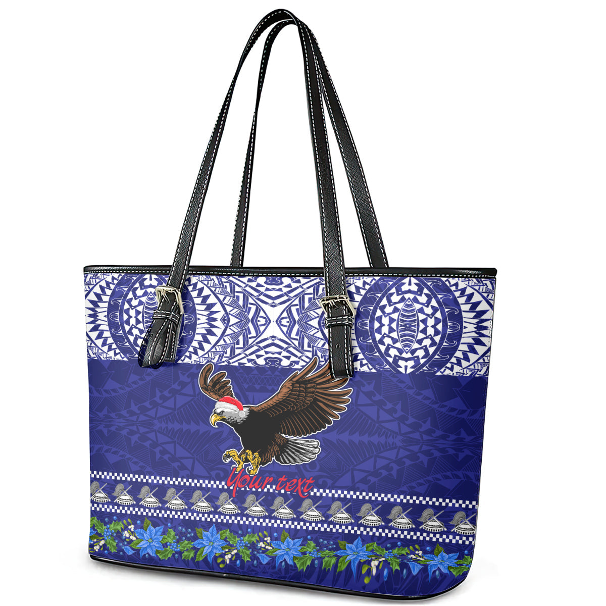 Personalised American Samoa Christmas Leather Tote Bag Manuia le Kerisimasi Polynesian Tribal LT9