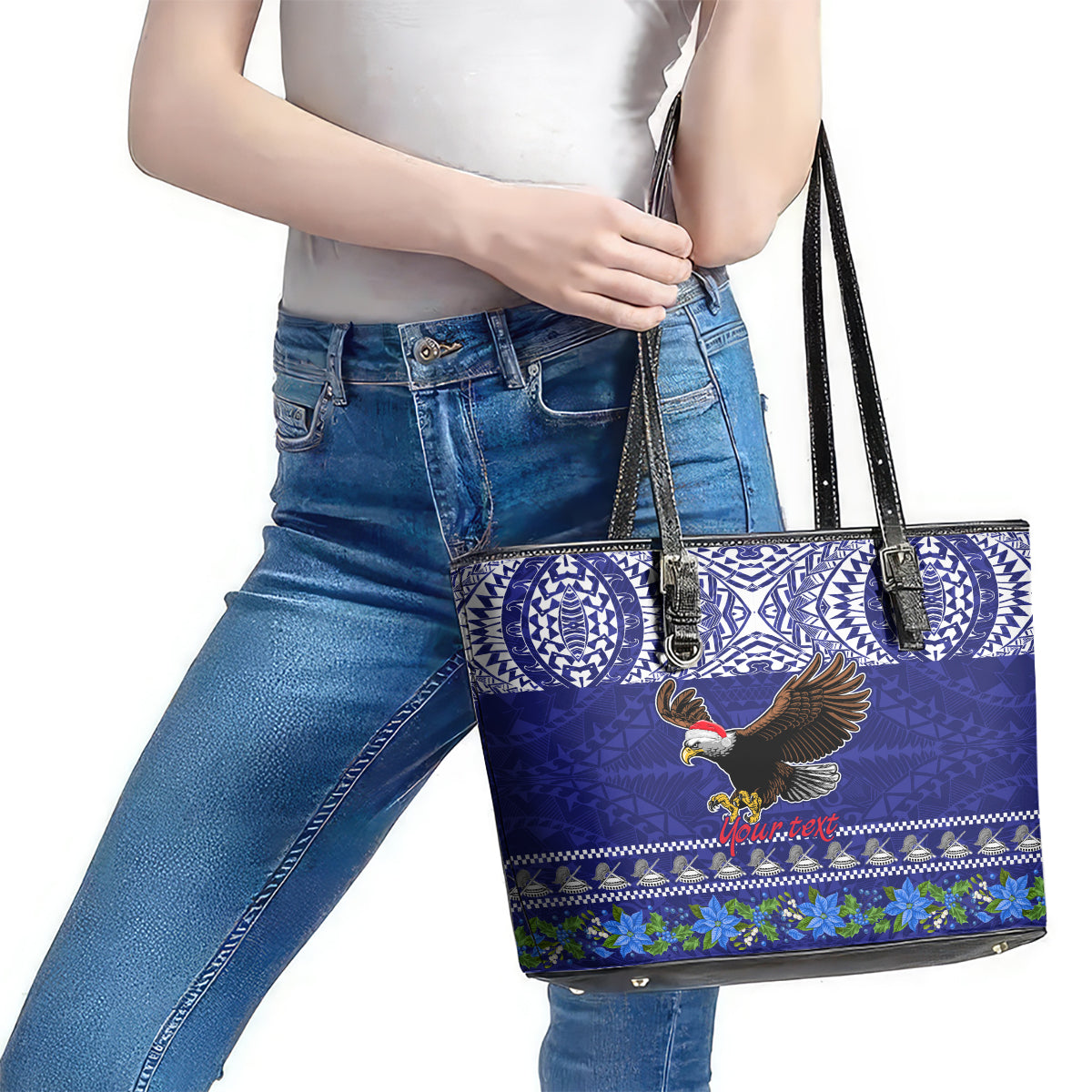 Personalised American Samoa Christmas Leather Tote Bag Manuia le Kerisimasi Polynesian Tribal LT9