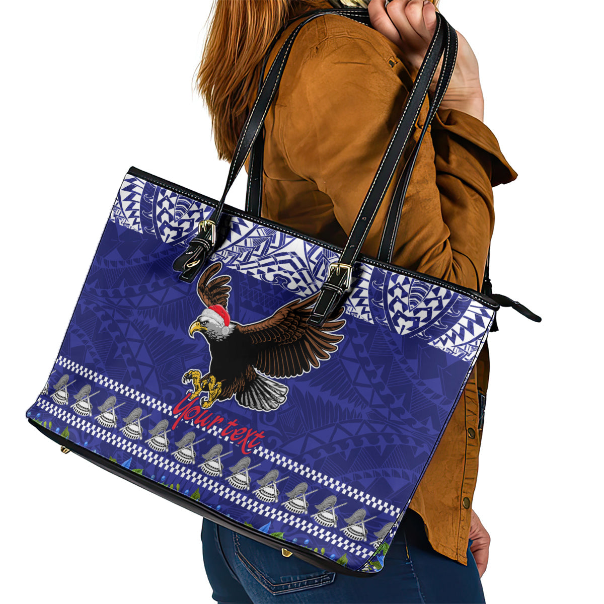 Personalised American Samoa Christmas Leather Tote Bag Manuia le Kerisimasi Polynesian Tribal LT9