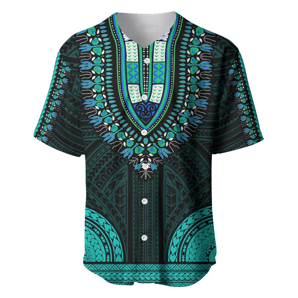 African Dashiki and Polynesian Pattern Baseball Jersey Teal LT9