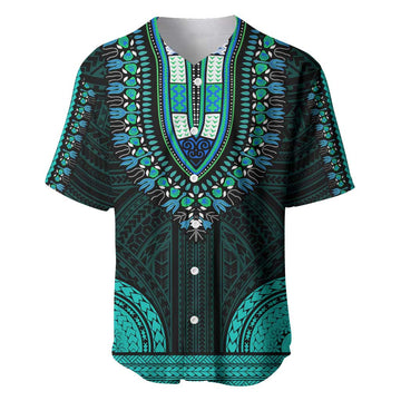 African Dashiki and Polynesian Pattern Baseball Jersey Teal LT9